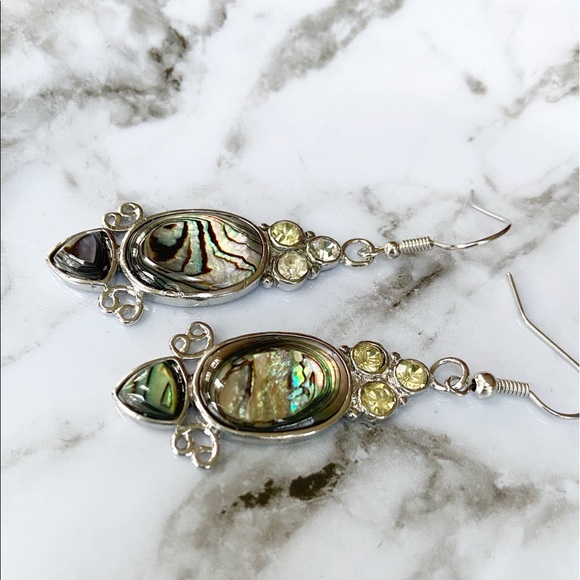 Abalone Shell Oval Earrings with Rhinestones Silver Plated Pierced 18x37mm NEW - Picture 4 of 4